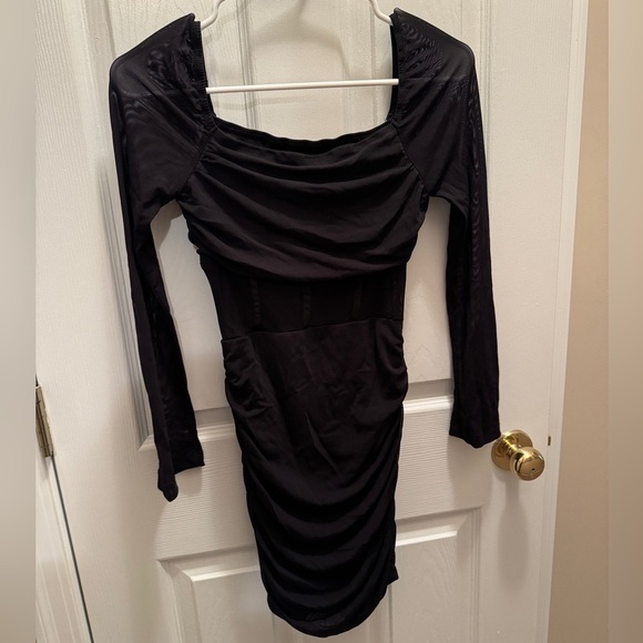 SHEIN PETITE Square Neck Ruched Mesh Panel Ruched Bodycon Mini Dress Petite XS - Picture 1 of 16